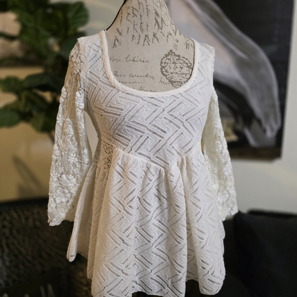 Free People White Lace And Crochet Baby Doll Top